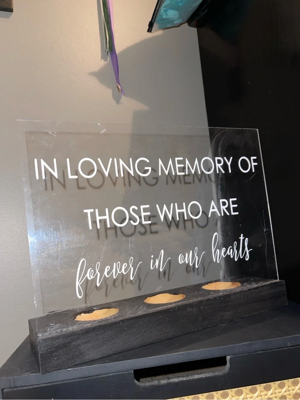 Memorial Acrylic Sign - Black Base with White Lettering 3 Tea Light Holder